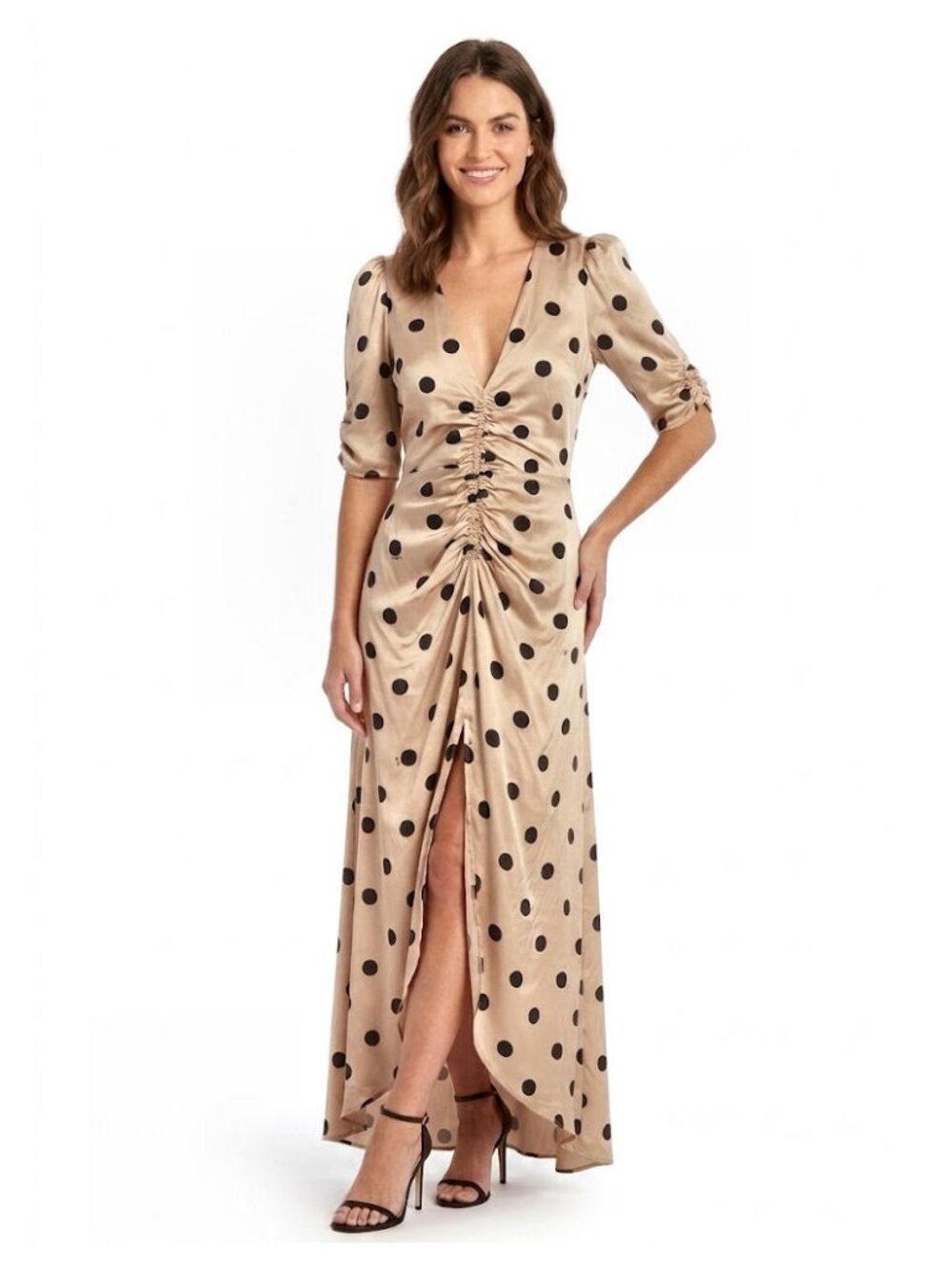 AFRM Polka Dot Ruched Maxi Dress V-Neck Puff Sleeve, Beige & Black Womens Size S